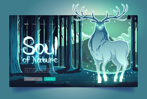 Nature soul banner with mystical glowing deer silhouette in dark forest at night. Vector landing page with cartoon fantasy illustration of stag spirit of woodland and protector of wildlife