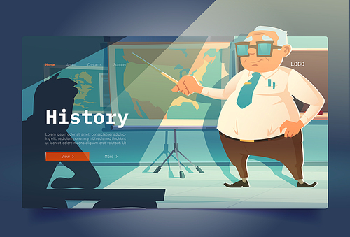 History learning banner with teacher and children in school classroom. Vector landing page of historical education with cartoon class interior with blackboard, map, teacher and student at desk