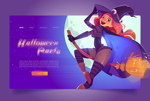 Halloween party banner with beautiful witch in spooky hat flying on broom in night sky. Vector landing page holiday party with cartoon redhead woman in sorceress costume on moon background