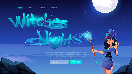 Witches night banner with beautiful woman with magic wand. Vector landing page of Halloween party with cartoon night landscape with moon in sky and girl in sorceress costume