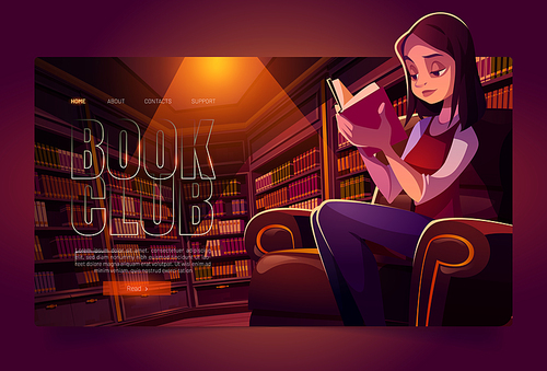 Book club cartoon landing page, young woman reading in library at night time. Thoughtful girl in dark room with bookcases around. Online application or service for readers fun, vector web banner.