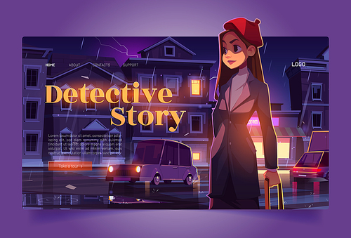 Detective story tour banner with woman sleuth. Travel agency website with cartoon night city street and girl spy. Vector landing page of journey with criminal investigation story