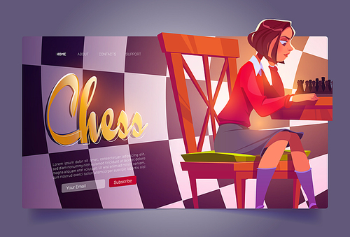 Chess club landing page, young girl playing board game moving figures on chessboard during training or competition, woman play on intelligence tournament, thinking next move, Cartoon vector web banner