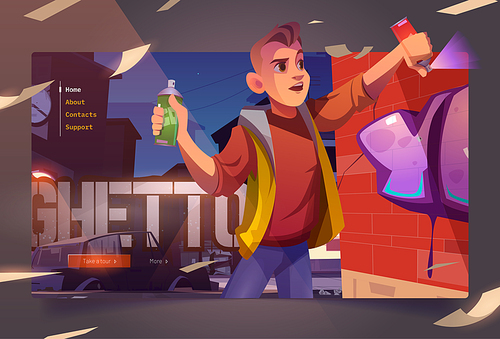 Graffiti painter in night ghetto cartoon landing page. Boy teenager painting on brick wall with aerosol in dark cityscape with broken car. Vandalism or creative hobby occupation, vector web banner