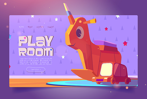 Play room cartoon landing page with kids wooden toys rocking unicorn and car on cute baby wallpaper background. Invitation to child area, kindergarten, nursery day care center, vector web banner