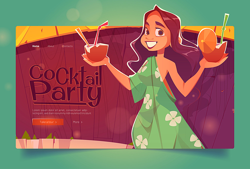 Cocktail party cartoon landing page. Smiling woman wearing summer dress holding coconut drinks stand on wooden hut bar background, exotic hawaiian resort, beach bar recreation promo, vector web banner