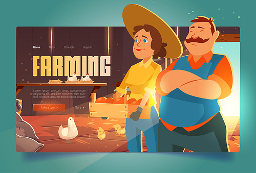 farmers in barn cartoon landing page, ranchers farm house with chicken and vegetable or fruit crop. agricultural production, poultry or fowl  food, ranch market natural products, vector web banner