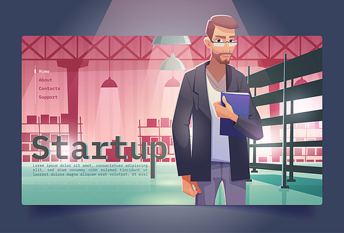 Startup banner with businessman in warehouse. Vector landing page of new business launch with cartoon illustration of man with folder in storage room with empty shelves