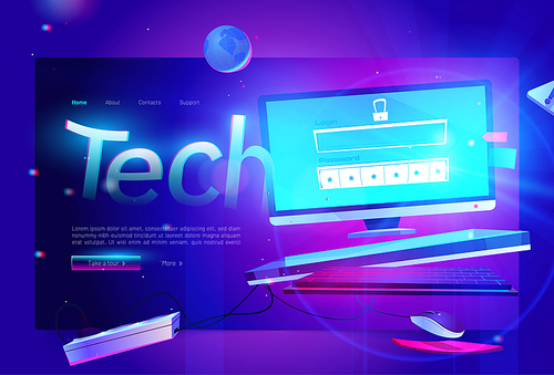 Tech banner. Concept of modern technologies, digital communication, internet and network system. Vector landing page with cartoon illustration of desktop computer with authorization form