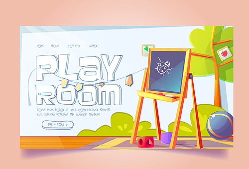 Playroom banner with furniture and toys for kids. Vector landing page, kindergarten or daycare center with cartoon interior of empty nursery room with blackboard for children drawing, table and chair