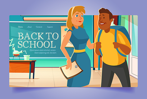 Back to school cartoon landing page with students wearing schoolbags stand in classroom with blackboard, chemistry and mathematics studying equipment. Education, knowledge vector illustration