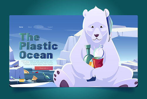 Plastic ocean landing page with polar bear and seal on glacier and garbage floating in sea. Vector flyers of ocean pollution with cartoon illustration of wild arctic animals, waste and trash