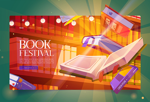 Books festival cartoon landing page, glowing bestsellers flying over bookshelf. Fest event in bookstore or library. Closed and open volumes with colorful paperback floating in air vector web banner
