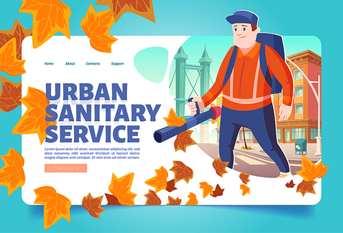 Urban sanitary service cartoon landing page. Janitor street cleaner blowing out fallen leaves on cityscape background. Man with blower cleanup city or town at autumn season, Vector ad web banner