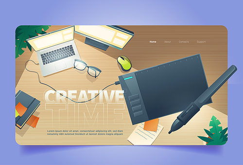 Creative time cartoon landing page, graphic designer workplace top view with digital tablet for painting, laptop, pc desktop, glasses, stationery and notepad on desk, work from home, Vector web banner