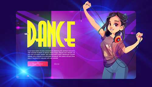 Dance party banner with girl dj with headphones. Vector landing page of discotheque or music show with cartoon illustration of young asian woman in shorts with piercing on face and black hair