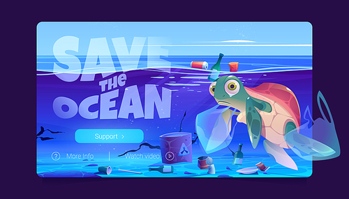 Save ocean website with turtle, plastic bags and garbage in water. Vector landing page of sea pollution with cartoon sad marine animal, trash and toxic wastes underwater
