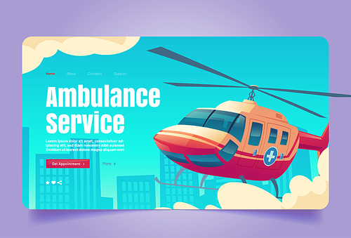 Ambulance service banner. Vector landing page of emergency rescue and urgent first aid service with cartoon illustration of red helicopter with cross sign flying in sky above city
