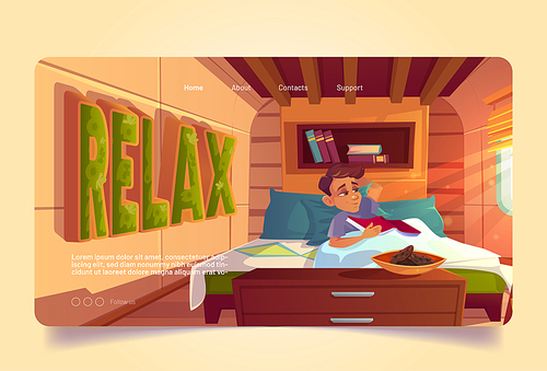 Relax banner with man wake up in bed in camper at morning. Concept of rest in minibus for travel and vacation. Vector landing page with cartoon illustration of bedroom in trailer car and happy person