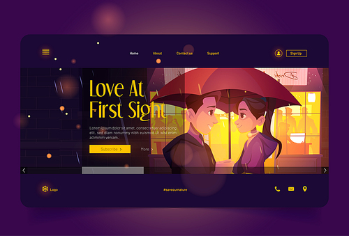 Love at first sight banner with happy couple under umbrella in rain. Vector landing page of romance and relationship with cartoon illustration of man and woman look at each other at rainy night
