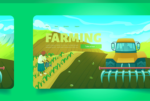 Farming banner with tractor with plow on agriculture field. Vector landing page of agronomy and farm works with cartoon illustration of woman watering plants and machine plowing soil