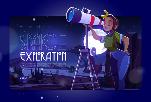 Space exploration cartoon landing page. Woman look in telescope, curious young girl explore moon and stars on dark night sky. Astronomy science learning, galaxy observation hobby, vector web banner