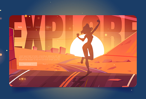 Explore cartoon landing page, happy woman enjoy travel, posing girl silhouette on sunset scenery background with highway going into dusk sun. Tourist or traveler adventure, journey, vector web banner