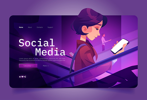 Social media cartoon landing page, woman with smartphone on escalator in mall. Moving staircase, automatic ladder carrying people up and down Girl with phone on elevator, Cartoon vector web banner