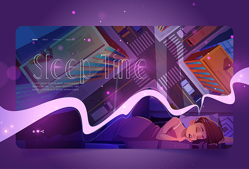 Sleep time website with woman naps and top view of city street. Vector landing page with cartoon illustration of girl sleeping in bed under blanket and see in dreams cityscape with building roofs