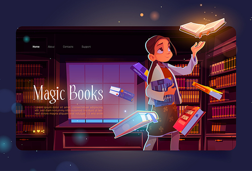 Magic books cartoon landing page, young girl in library at night time with glowing volumes flying around. Curious child in dark reader club room with bookcases, reading hobby, Vector web banner.