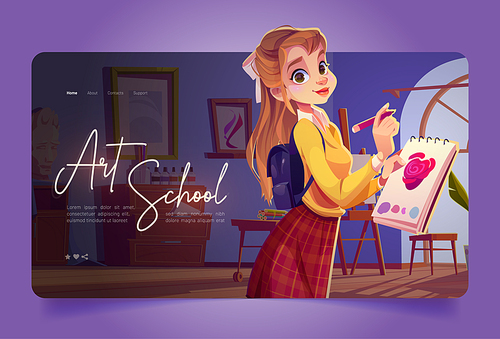 Artist girl paint flowers in art school cartoon landing page. Young woman painter holding pencil and sketchbook practicing drawing of rose blossom sketch. Workshop studio class, Vector web banner