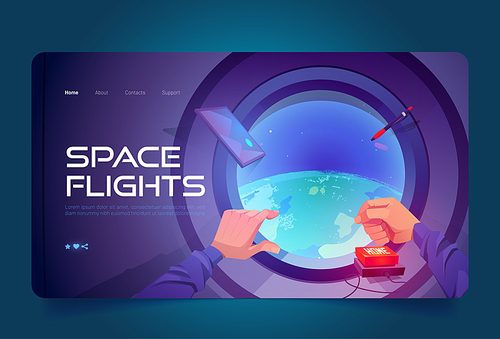 Space flights cartoon landing page, hand push red home button front of spaceship porthole with earth planet view. Futuristic interstellar travel, rocket cabin with window in cosmos vector illustration