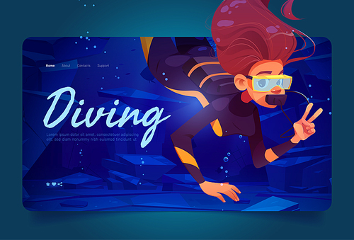 Diving banner with woman scuba diver with mask shows victory gesture under water in sea or ocean. Vector landing page with cartoon underwater landscape with girl in wetsuit with aqualung