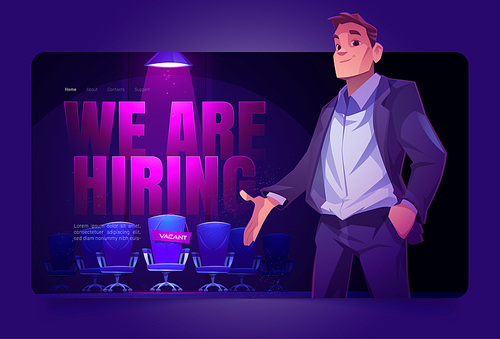 We are hiring landing page, employer offer vacant place illuminated with spotlight. Hire job announcement, candidates head hunting. Human resources research, recruiting Cartoon vector web banner