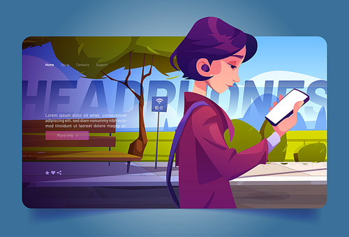 Woman with phone walking in park landing page, young girl using smartphone, listen music with headphones and reading messages with wifi internet connection, gadget networking Cartoon vector web banner