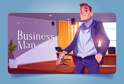 Businessman banner with leader in office conference room. Vector landing page with cartoon illustration of ceo man in suit in company boardroom with table and chairs