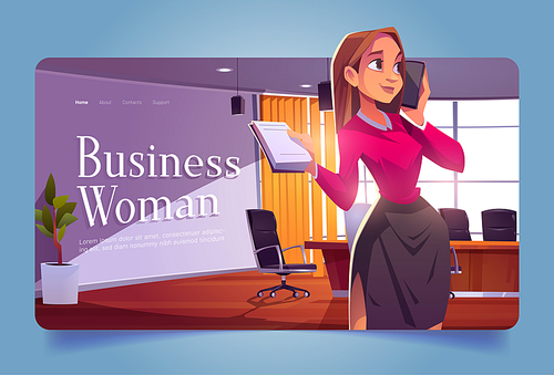 Business woman work in office cartoon landing page, businesswoman career, secretary or lady boss with smartphone and notepad in hands working in cabinet with desk and chairs, vector web banner
