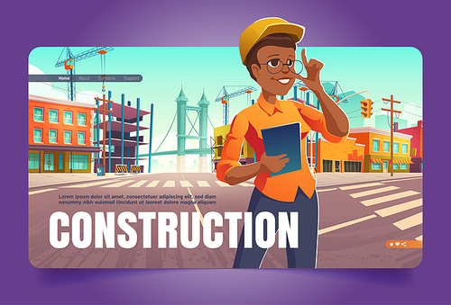 Construction banner with woman engineer on city street with building works. Vector landing page with cartoon illustration of cityscape with construction site, tower cranes and girl architect in helmet