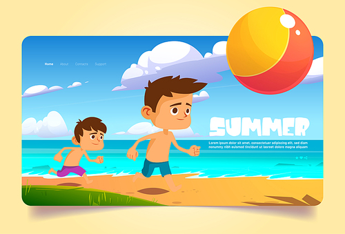 Summer banner with kids play with ball on sea beach. Concept of enjoying vacation, fun and leisure activity. Vector landing page with cartoon boys playing on sand ocean shore