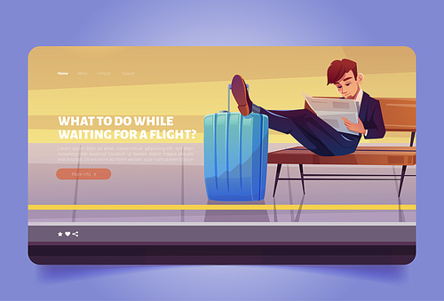 Waiting flight banner with man in suit sitting on bench and read newspaper in airport terminal. Vector landing page with cartoon businessman with luggage waits plane