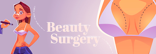 Beauty surgery cartoon banner. Woman with patch on nose prepare for plastic surgery. Doctor drawing lines on girl chest for augmentation, lipofilling cosmetics medicine procedure, Vector illustration