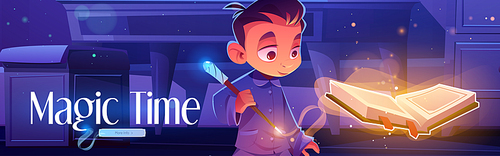 Magic time poster with boy reading spell book at night. Vector banner with cartoon illustration of young wizard with magic wand and witchcraft book. Child sorcerer in sleepwear in dark bedroom