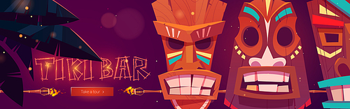 Tiki bar cartoon web banner with tribal masks, burning torches, palm leaves and push button. Beach hut bar promo for night party, advertising with glowing fonts for amusement establishment Vector ad