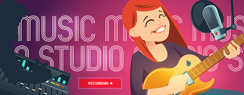 Recording studio cartoon web banner, singer woman with guitar sing in music booth with microphone and engineer capturing, mixing and mastering samples on sound recorder board, vector illustration