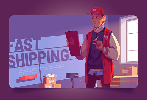 Fast shipping poster with man in warehouse with package boxes and scales. Vector banner of delivery service with cartoon illustration of worker in uniform with clipboard in distribution office or post