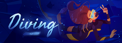 Diving cartoon web banner, scuba diver girl explore sea bottom. Woman wear costume, flippers, mask and tube underwater floating, female character in ocean, extreme recreation, vector illustration