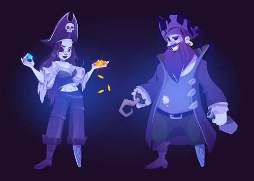 Pirate ghosts, souls of dead girl and man in corsair costumes, with wooden legs and hook. Vector cartoon set of spirits characters, captain with rum bottle and woman holding gold coins and gem