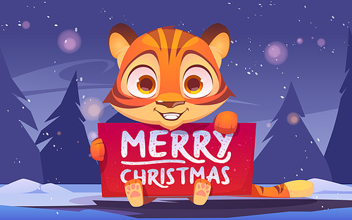 Cute tiger holding banner with Merry Christmas congratulation. Wild funny kitten in winter forest with fir-trees around. Animal cub xmas character with greeting card, Cartoon Vector illustration
