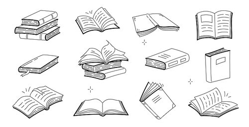 sketches of open and closed books, stack of textbooks, dictionary or novels with blank covers. vector doodle icons of literature for library, store, university or school isolated on