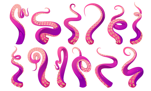 Tentacles of octopus, squid or kraken. Vector cartoon set of scary sea monster arms, purple and pink giant octopus tentacles with suckers. Cthulhu hands and legs isolated on white